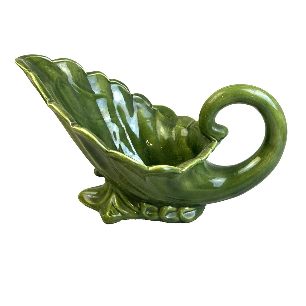 Vintage Ceramic Vase Dark Green Mid Century Modern Home Decor Cornucopia Bowl